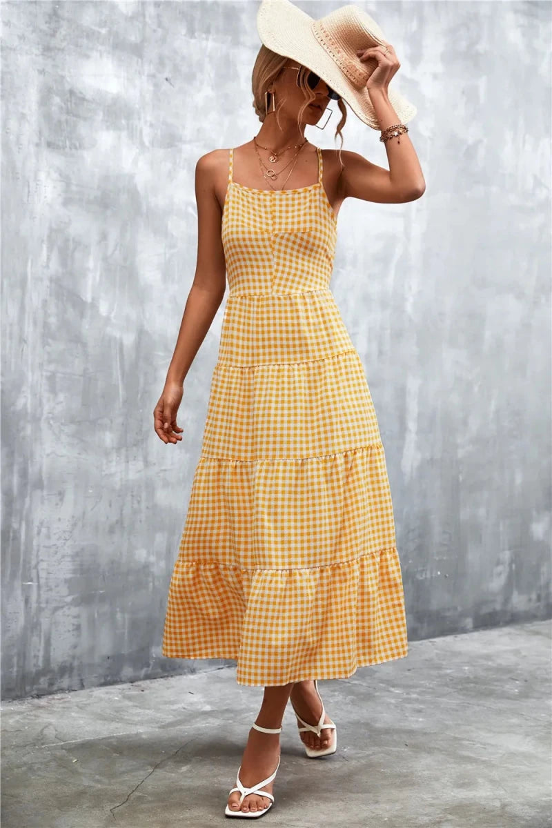 Plaid Square Neck Midi Cami Dress - Brick + Boho
