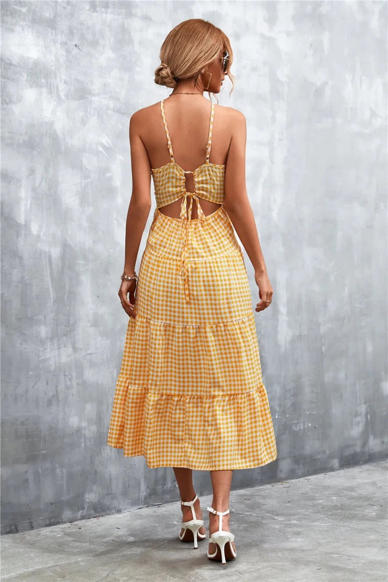 Plaid Square Neck Midi Cami Dress - Brick + Boho