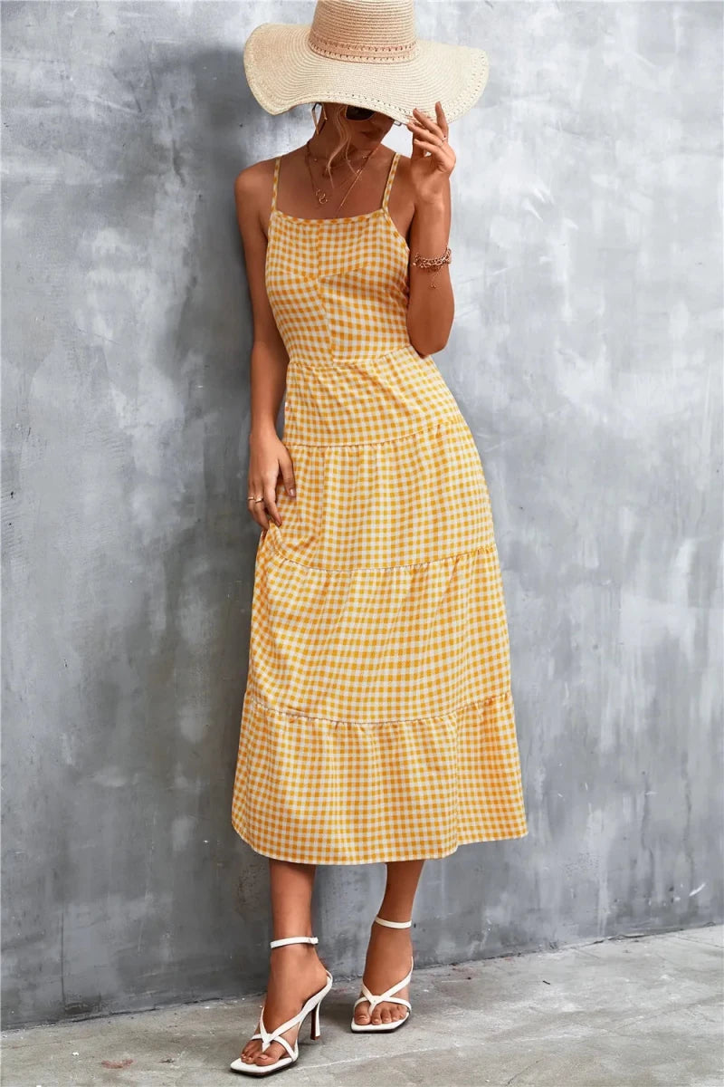 Plaid Square Neck Midi Cami Dress - Brick + Boho