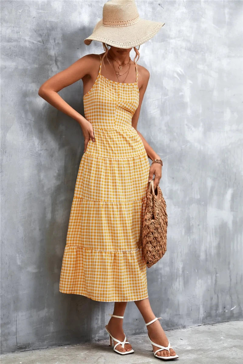 Plaid Square Neck Midi Cami Dress - Brick + Boho