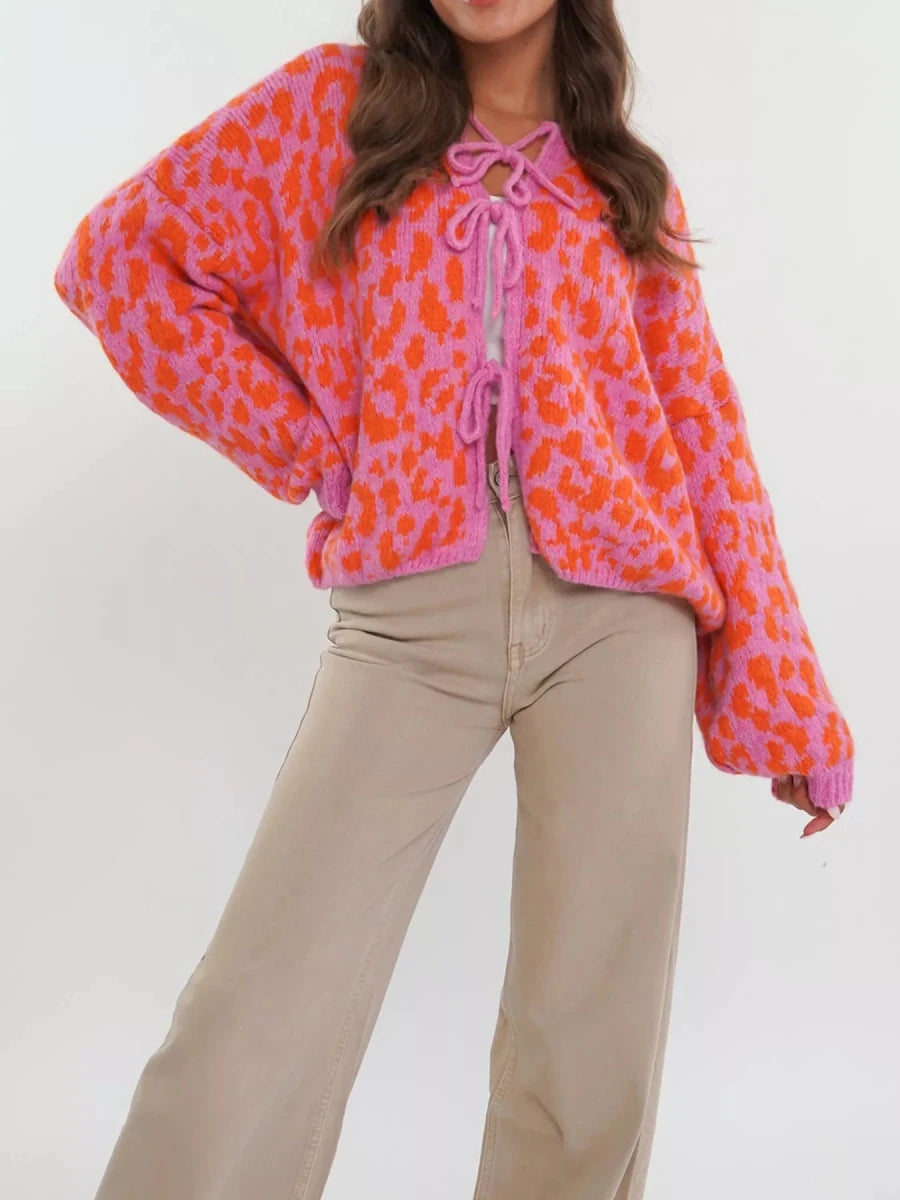 Pointelle Leopard Tie Top - Brick + Boho