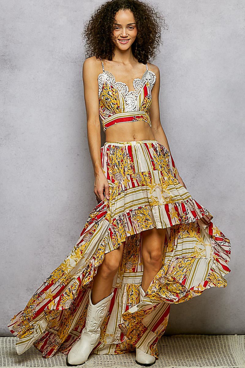 POL Boho Chic Floral Print Crop Top and High - Low Skirt Set - Brick + Boho