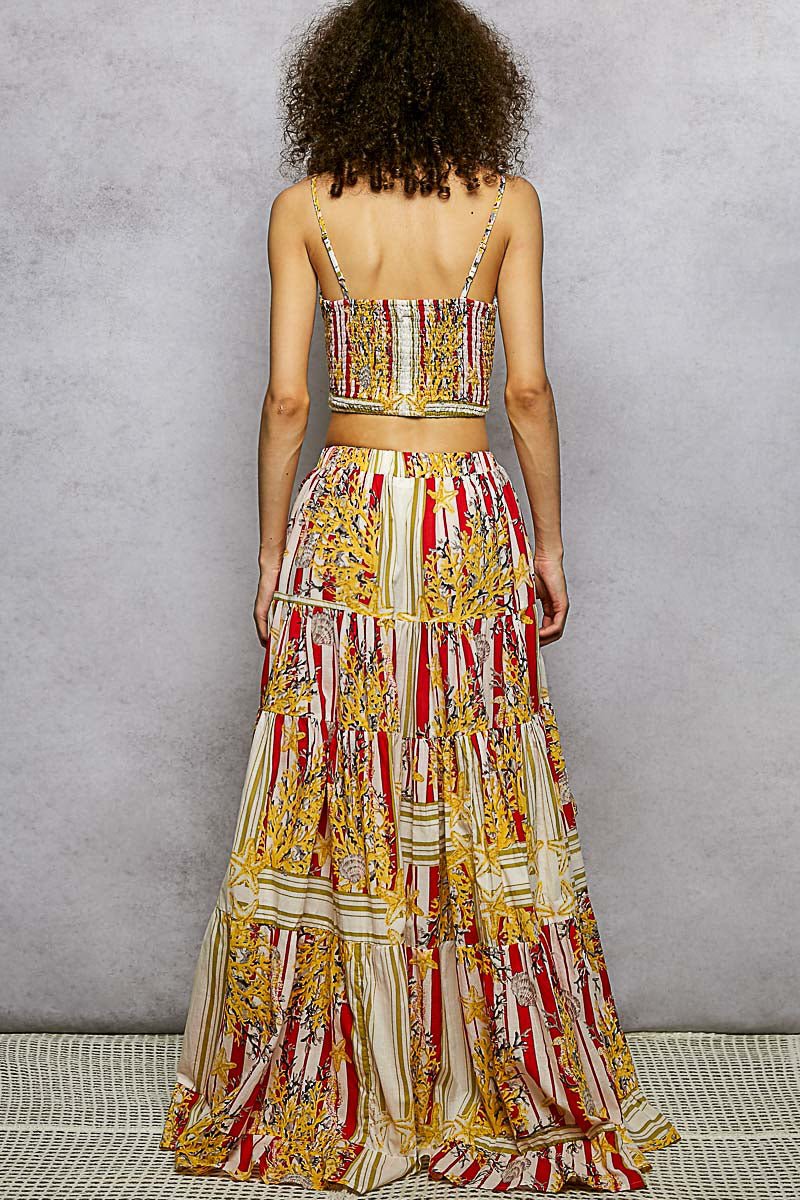 POL Boho Chic Floral Print Crop Top and High - Low Skirt Set - Brick + Boho