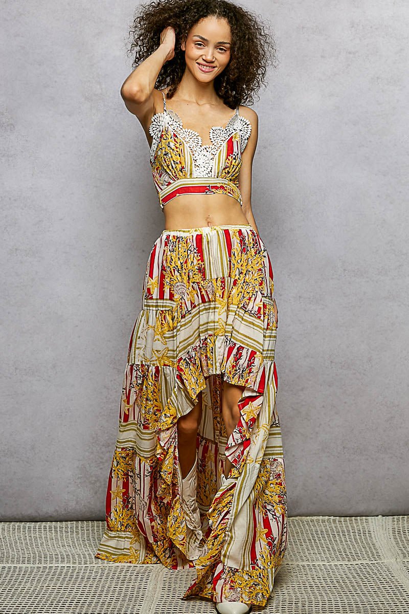 POL Boho Chic Floral Print Crop Top and High - Low Skirt Set - Brick + Boho