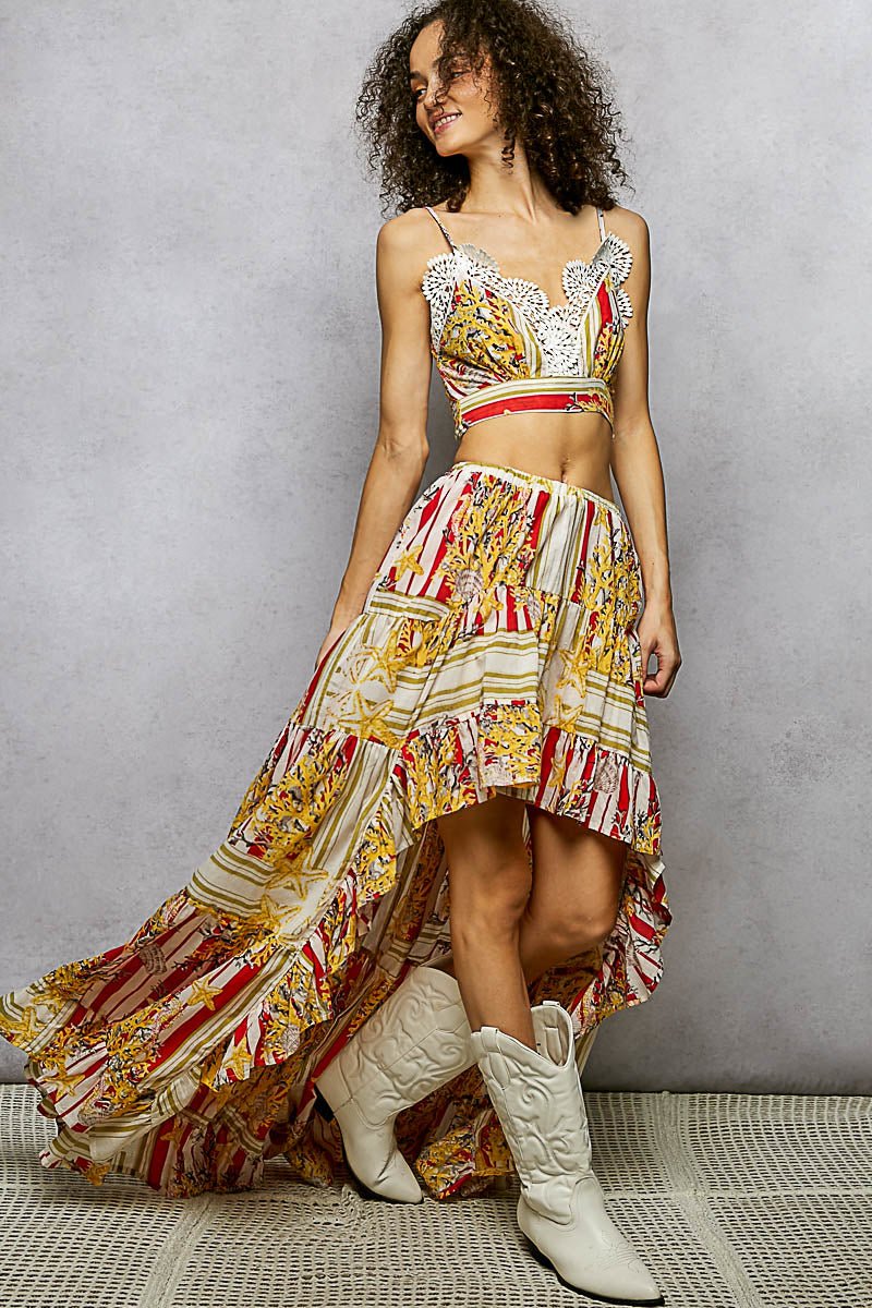 POL Boho Chic Floral Print Crop Top and High - Low Skirt Set - Brick + Boho