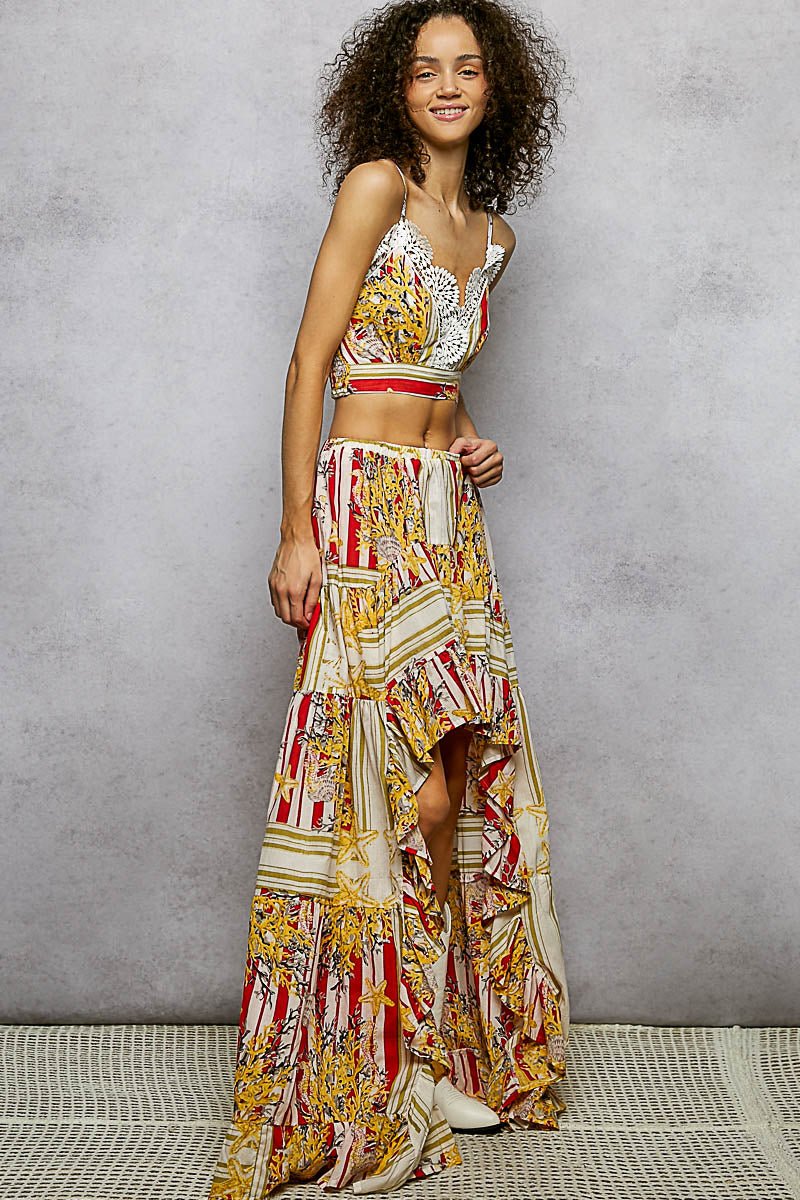 POL Boho Chic Floral Print Crop Top and High - Low Skirt Set - Brick + Boho