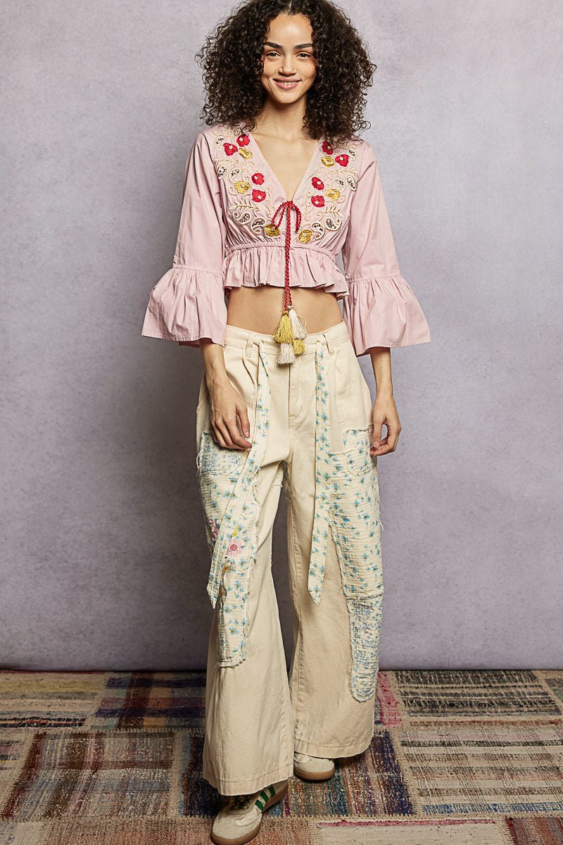 POL Floral Embroidered Cropped Blouse with Flared Ruffle Sleeves - Brick + Boho