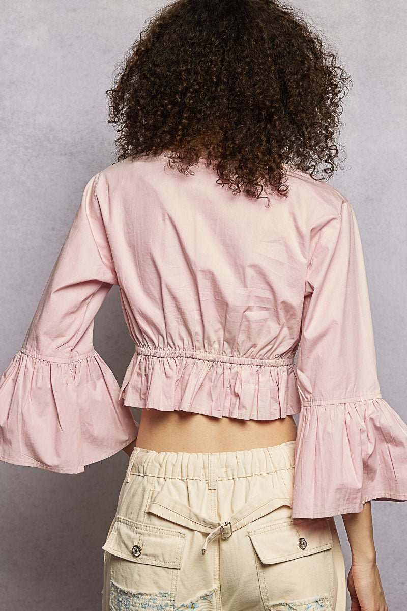 POL Floral Embroidered Cropped Blouse with Flared Ruffle Sleeves - Brick + Boho