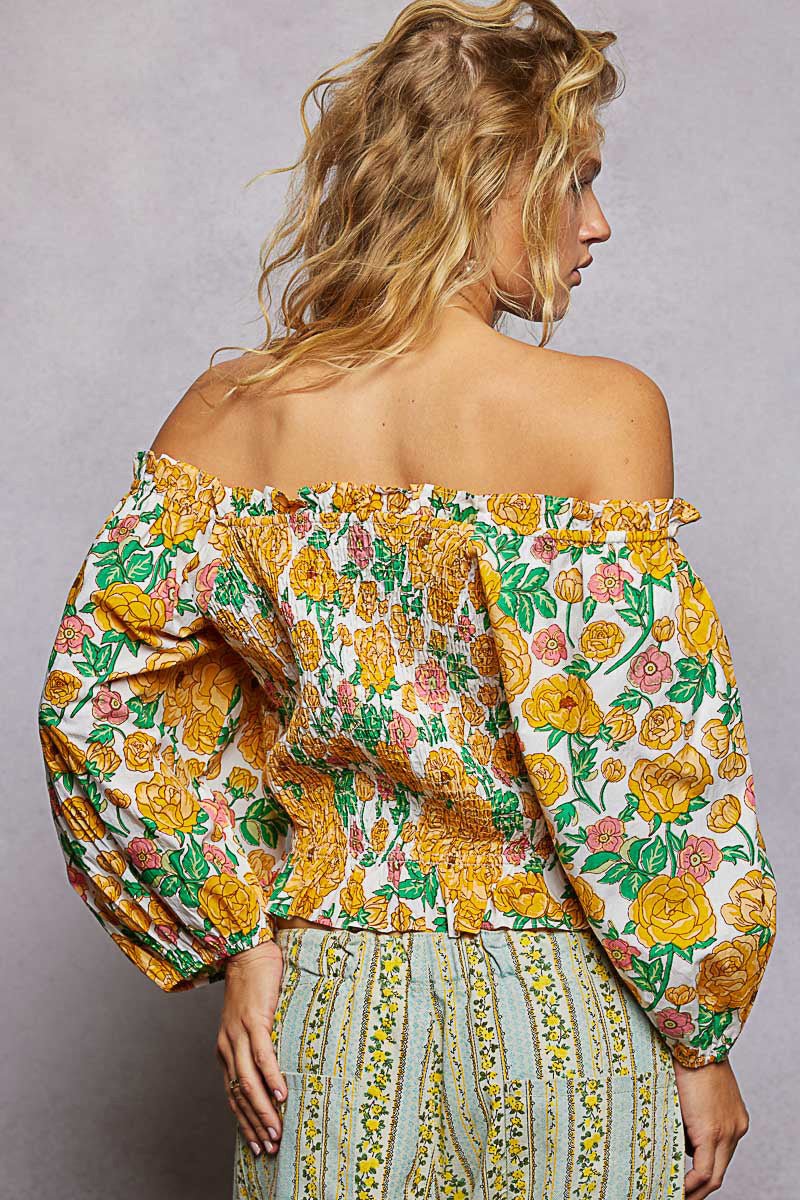 POL Floral Print Off - Shoulder Smocked Blouse - Brick + Boho