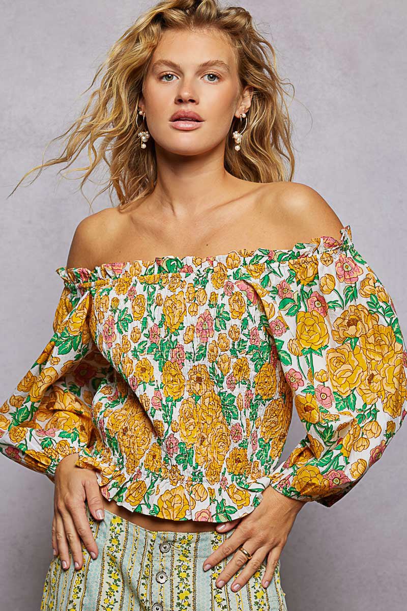 POL Floral Print Off - Shoulder Smocked Blouse - Brick + Boho
