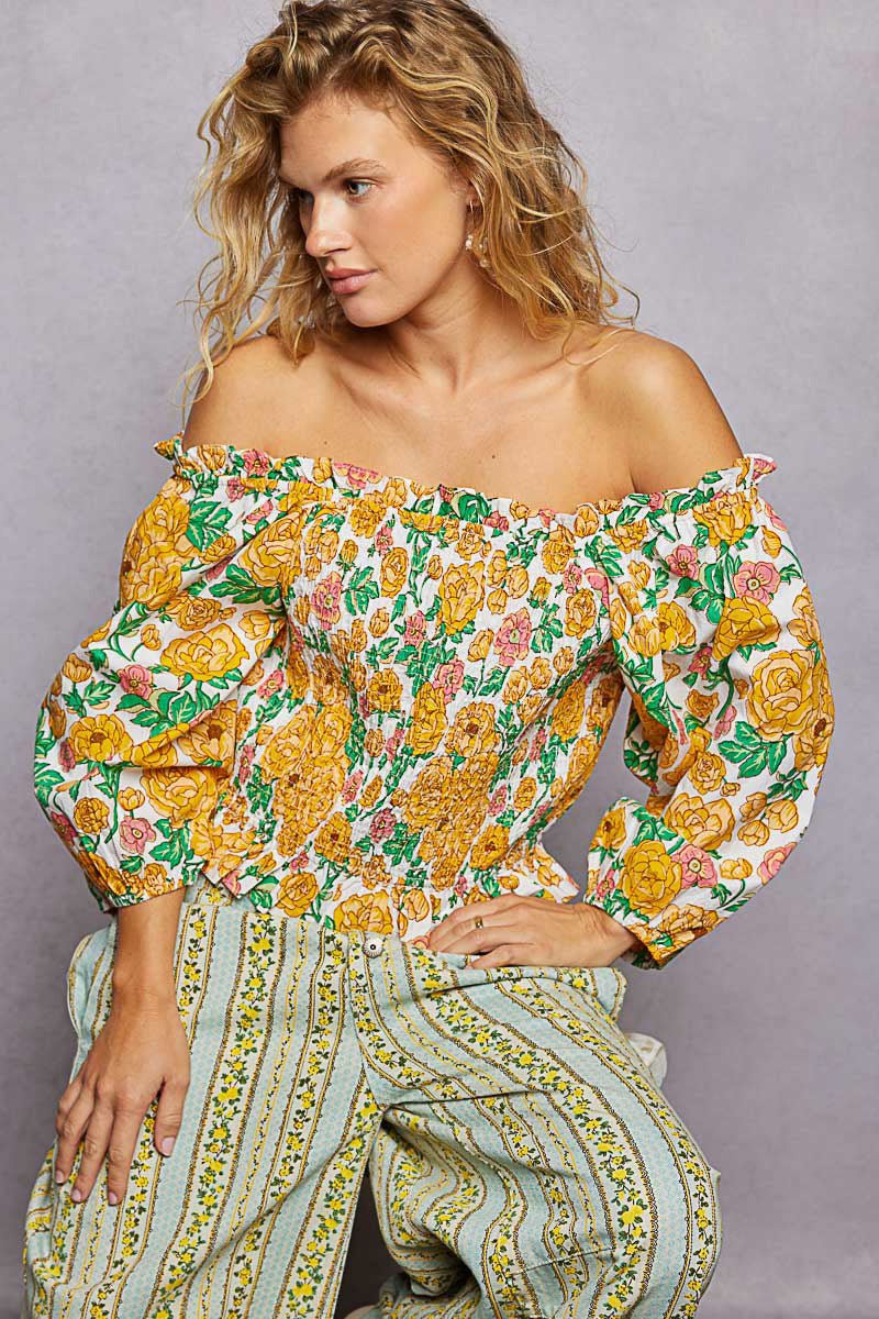 POL Floral Print Off - Shoulder Smocked Blouse - Brick + Boho