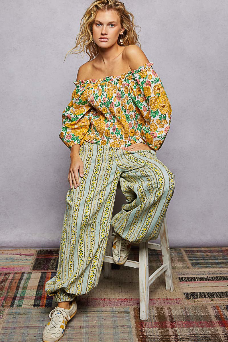 POL Floral Print Off - Shoulder Smocked Blouse - Brick + Boho