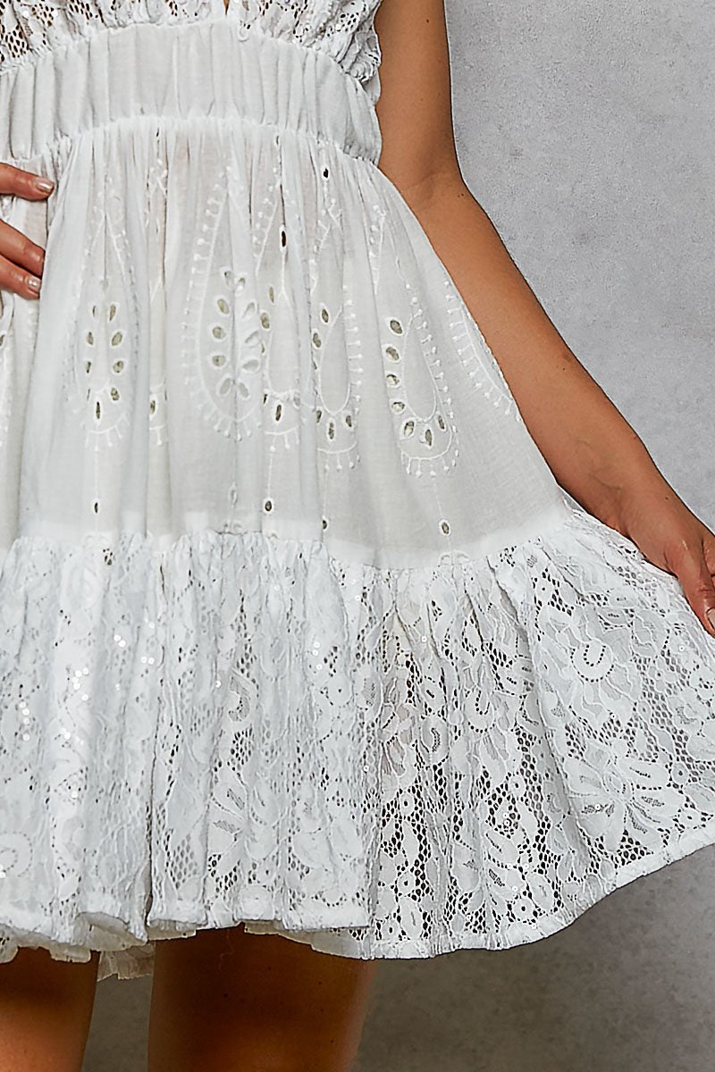 POL Halter Lace Patch Ruffle Mini Dress with Adjustable Tie on Back - Brick + Boho