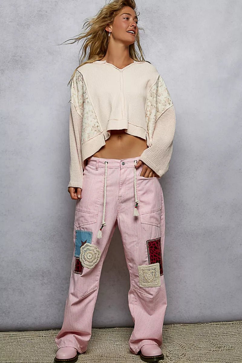 POL Mix Thermal Floral Pattern Quilted Knit Cropped Top with Raw Edge Detail - Brick + Boho
