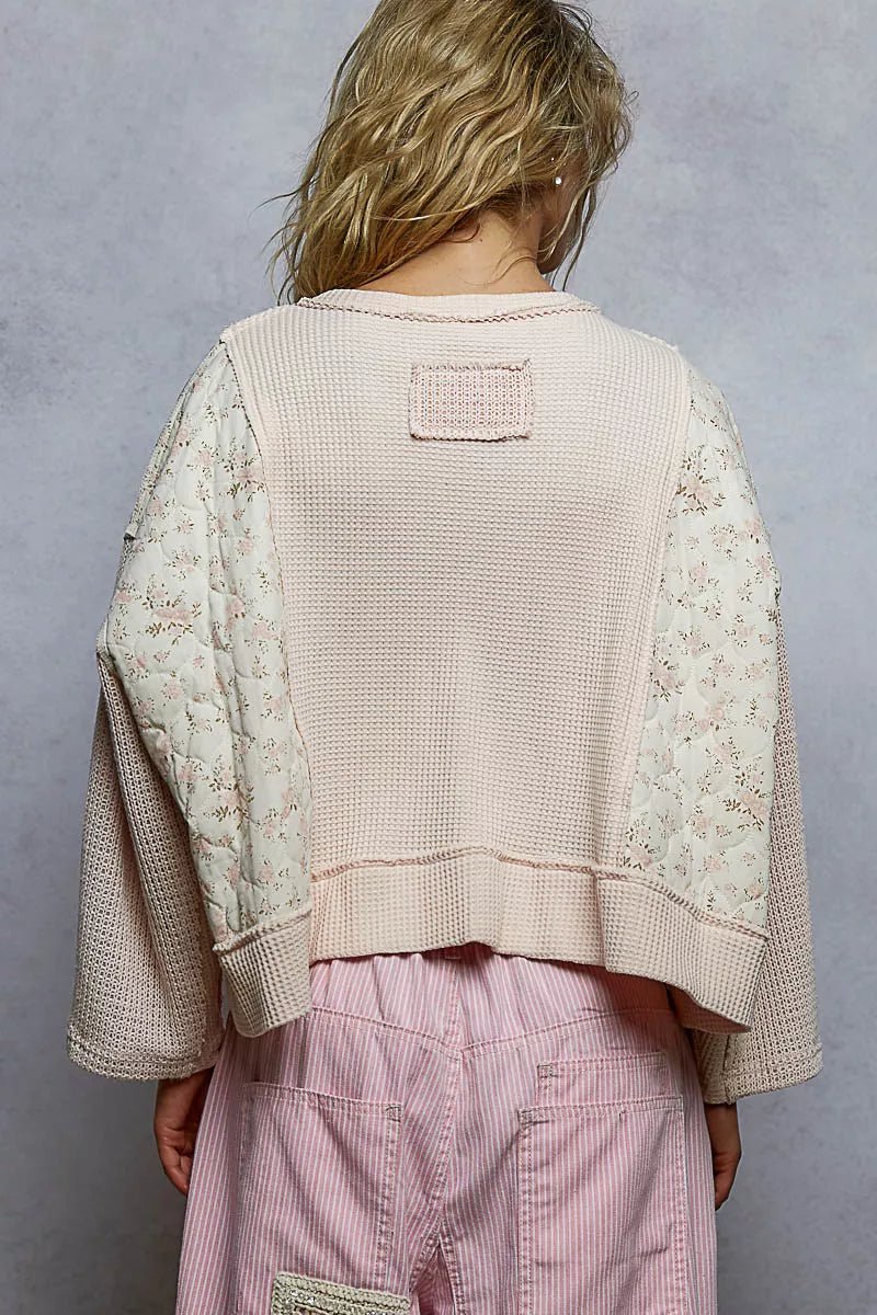 POL Mix Thermal Floral Pattern Quilted Knit Cropped Top with Raw Edge Detail - Brick + Boho