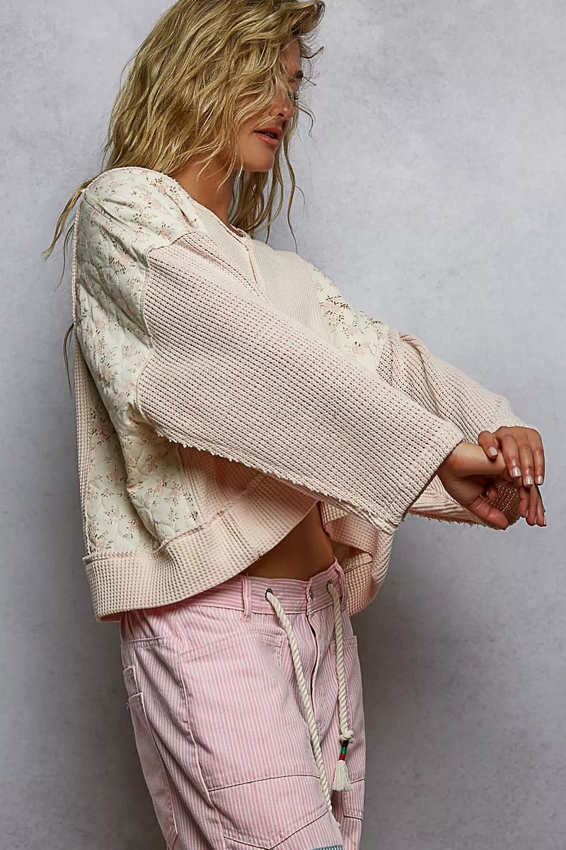 POL Mix Thermal Floral Pattern Quilted Knit Cropped Top with Raw Edge Detail - Brick + Boho