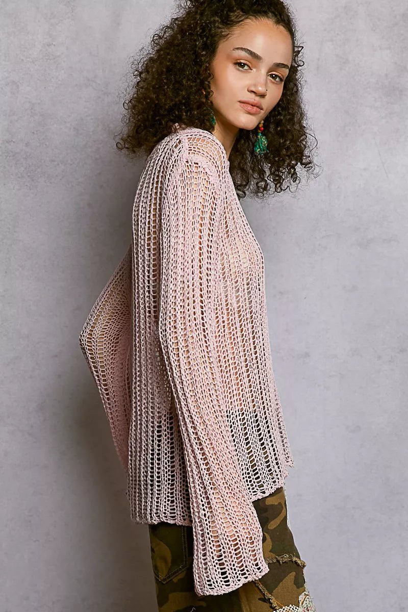 POL Openwork Round Neck Knit Cover Up - Brick + Boho