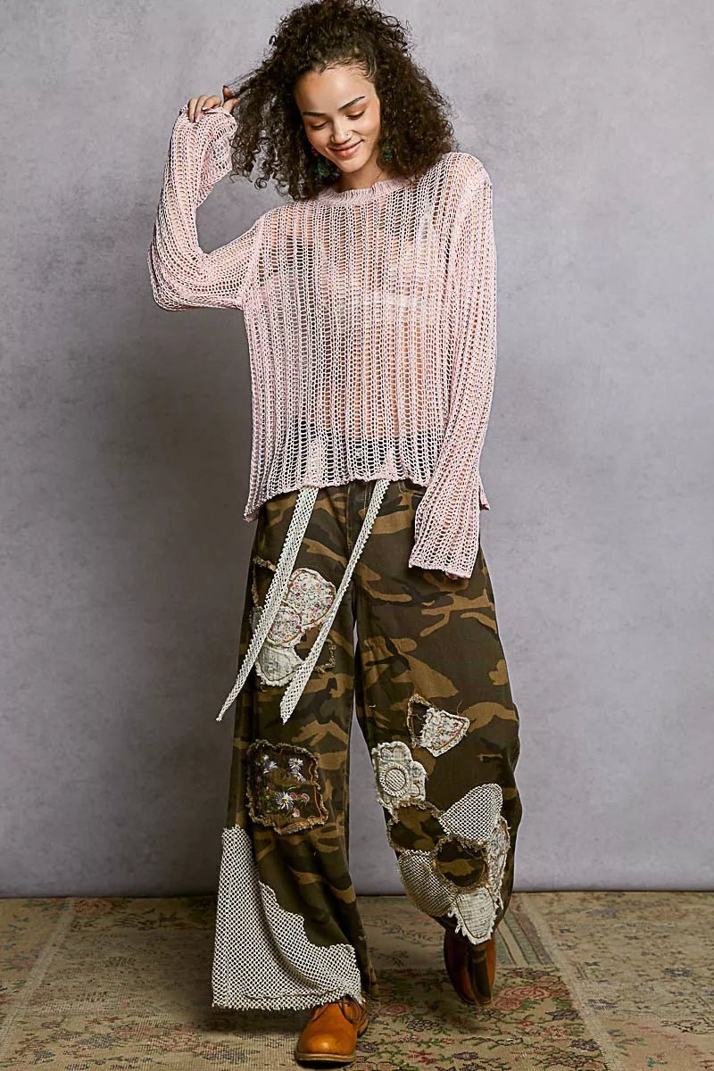 POL Openwork Round Neck Knit Cover Up - Brick + Boho