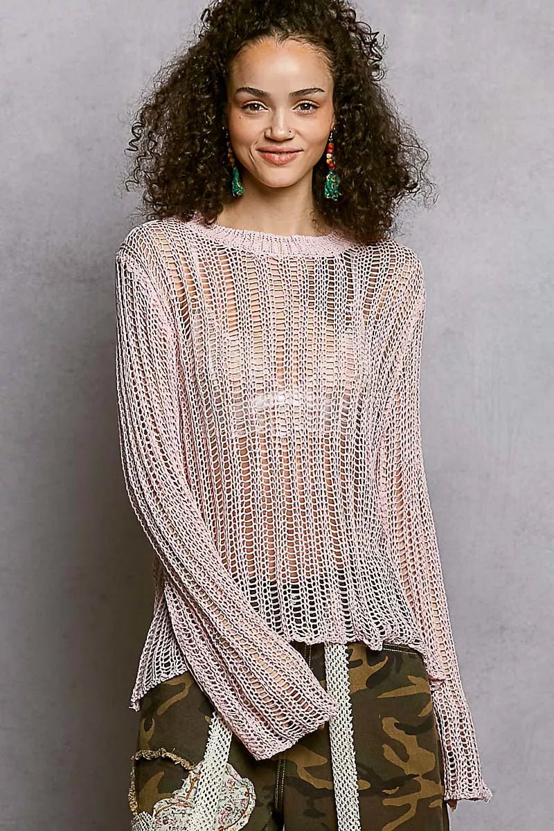 POL Openwork Round Neck Knit Cover Up - Brick + Boho