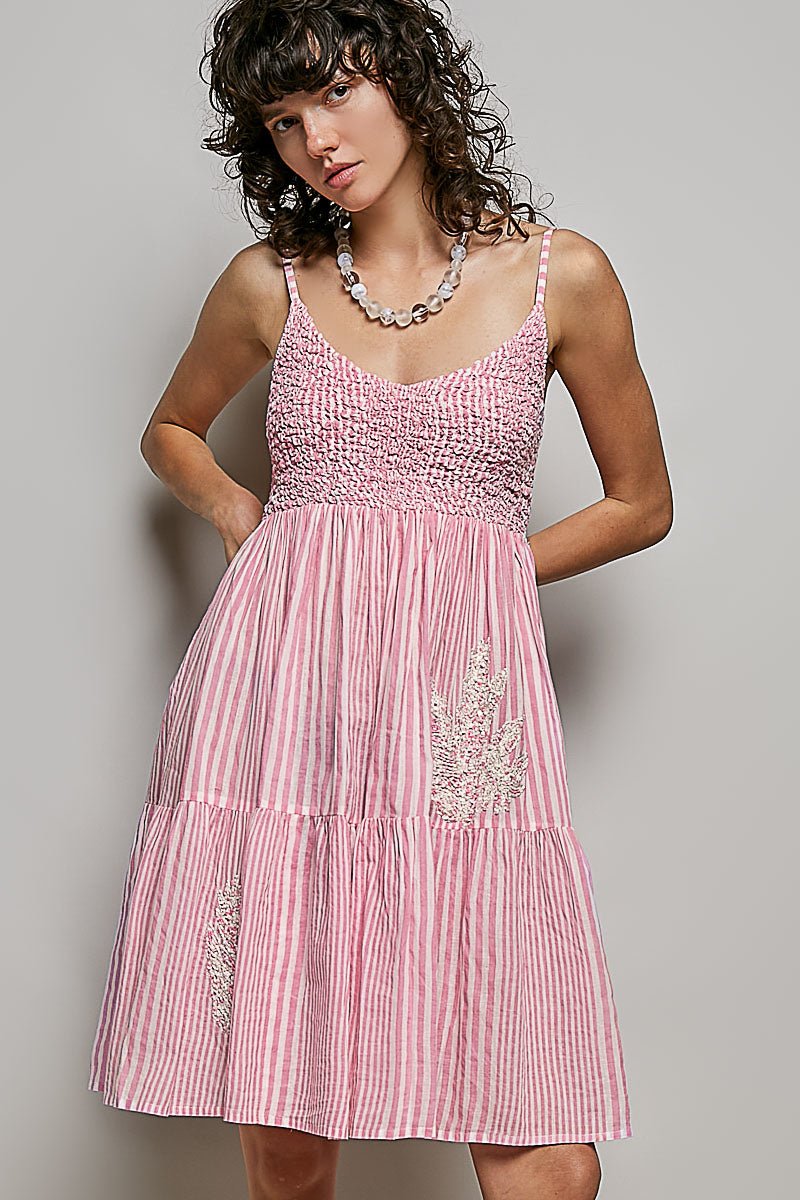 POL Striped Smocked Embroidered Mini Dress - Brick + Boho