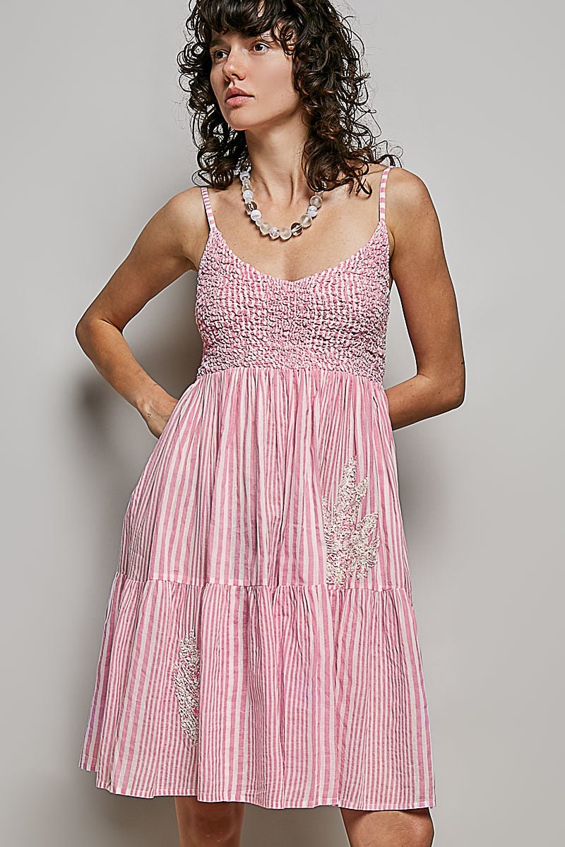 POL Striped Smocked Embroidered Mini Dress - Brick + Boho