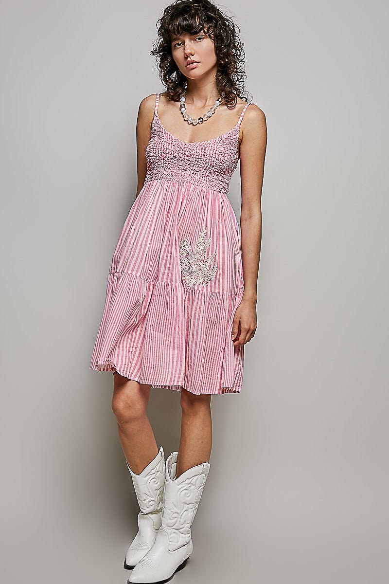 POL Striped Smocked Embroidered Mini Dress - Brick + Boho