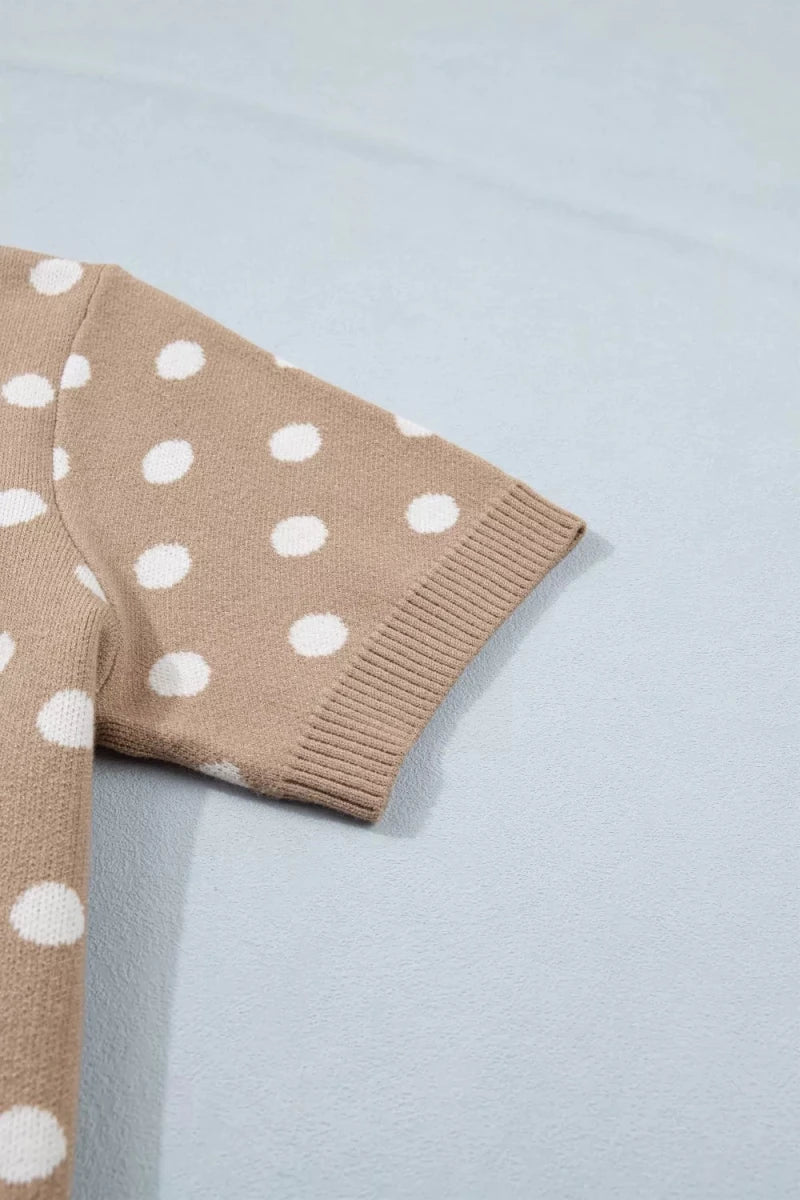 Polka Dot Short Sleeve Button Down Sweater Cardigan - Brick + Boho