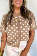 Polka Dot Short Sleeve Button Down Sweater Cardigan - Brick + Boho