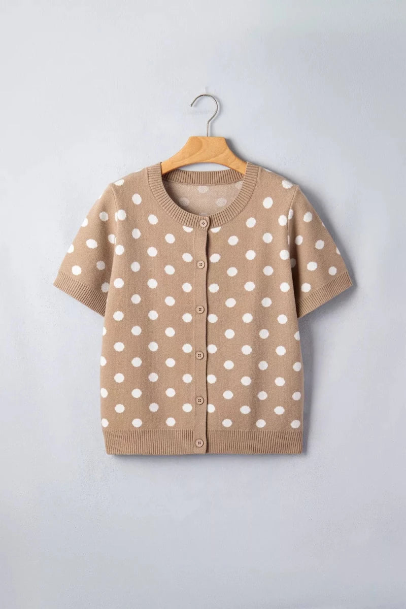 Polka Dot Short Sleeve Button Down Sweater Cardigan - Brick + Boho