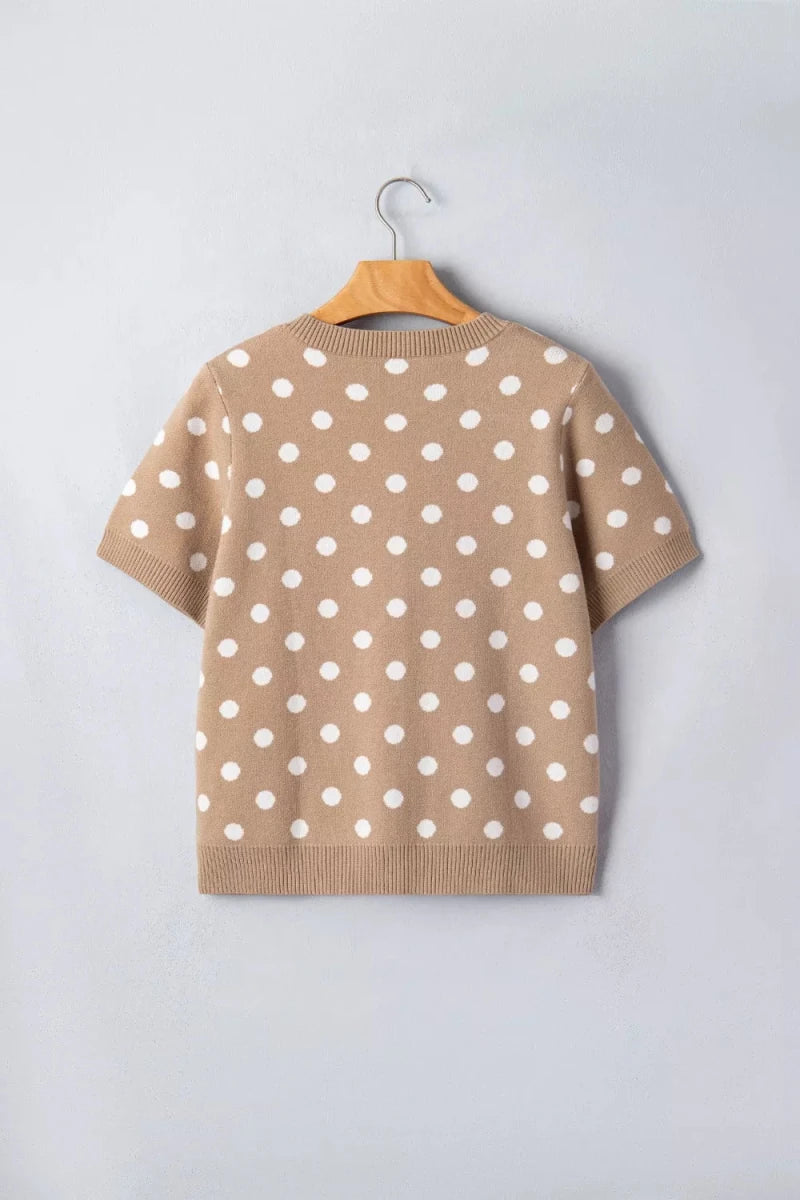 Polka Dot Short Sleeve Button Down Sweater Cardigan - Brick + Boho