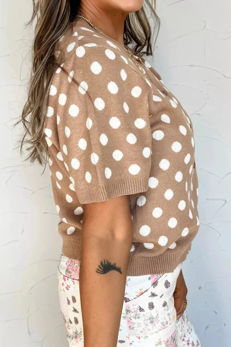 Polka Dot Short Sleeve Button Down Sweater Cardigan - Brick + Boho