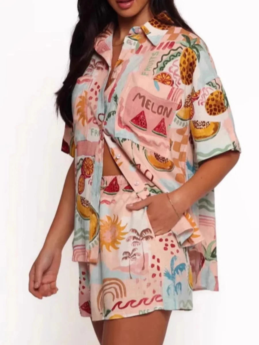 Printed Button Up Shirt and Shorts Set - Brick + Boho