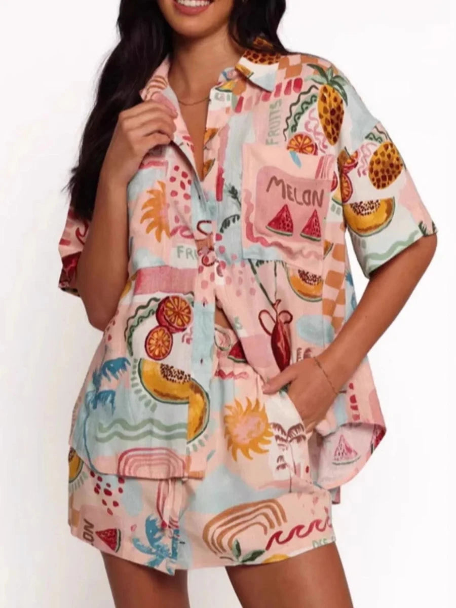 Printed Button Up Shirt and Shorts Set - Brick + Boho