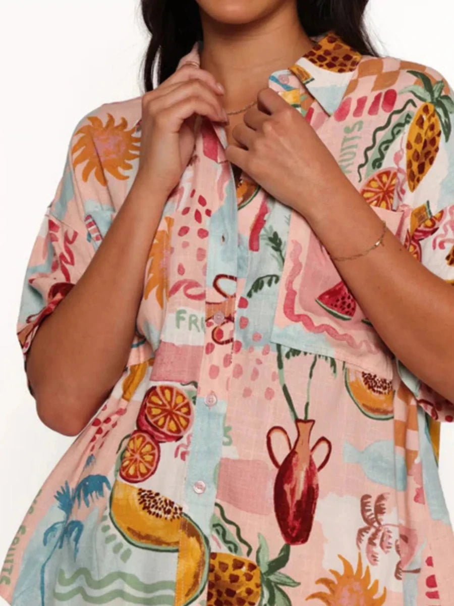 Printed Button Up Shirt and Shorts Set - Brick + Boho