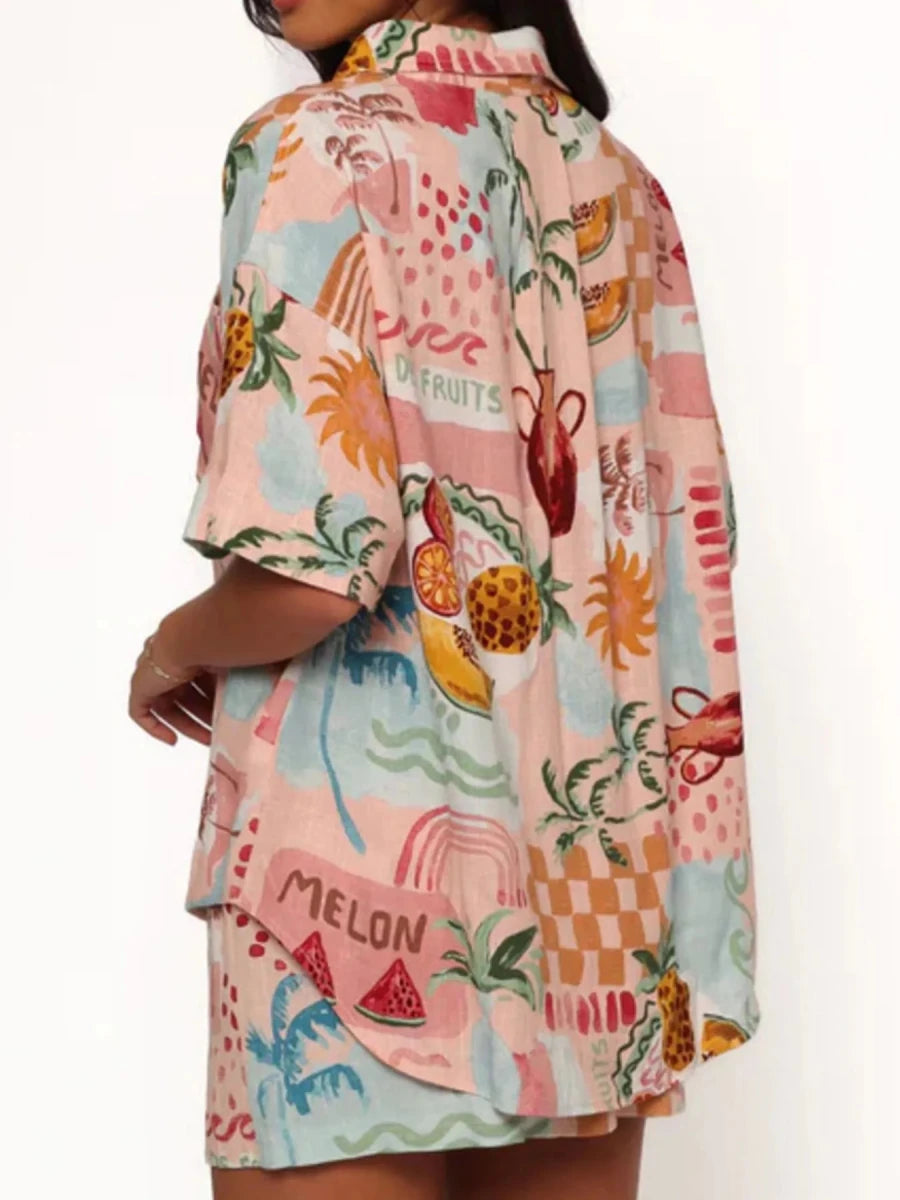 Printed Button Up Shirt and Shorts Set - Brick + Boho
