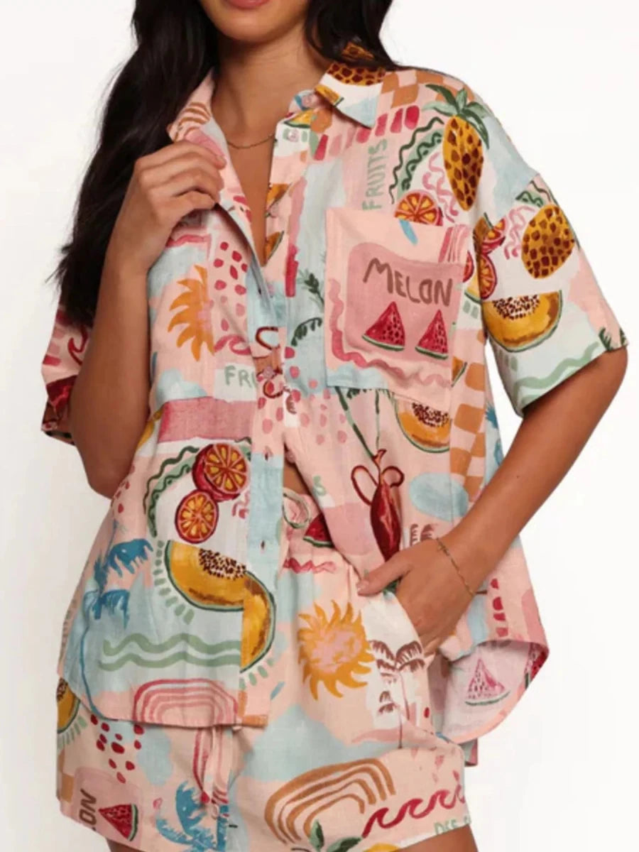 Printed Button Up Shirt and Shorts Set - Brick + Boho