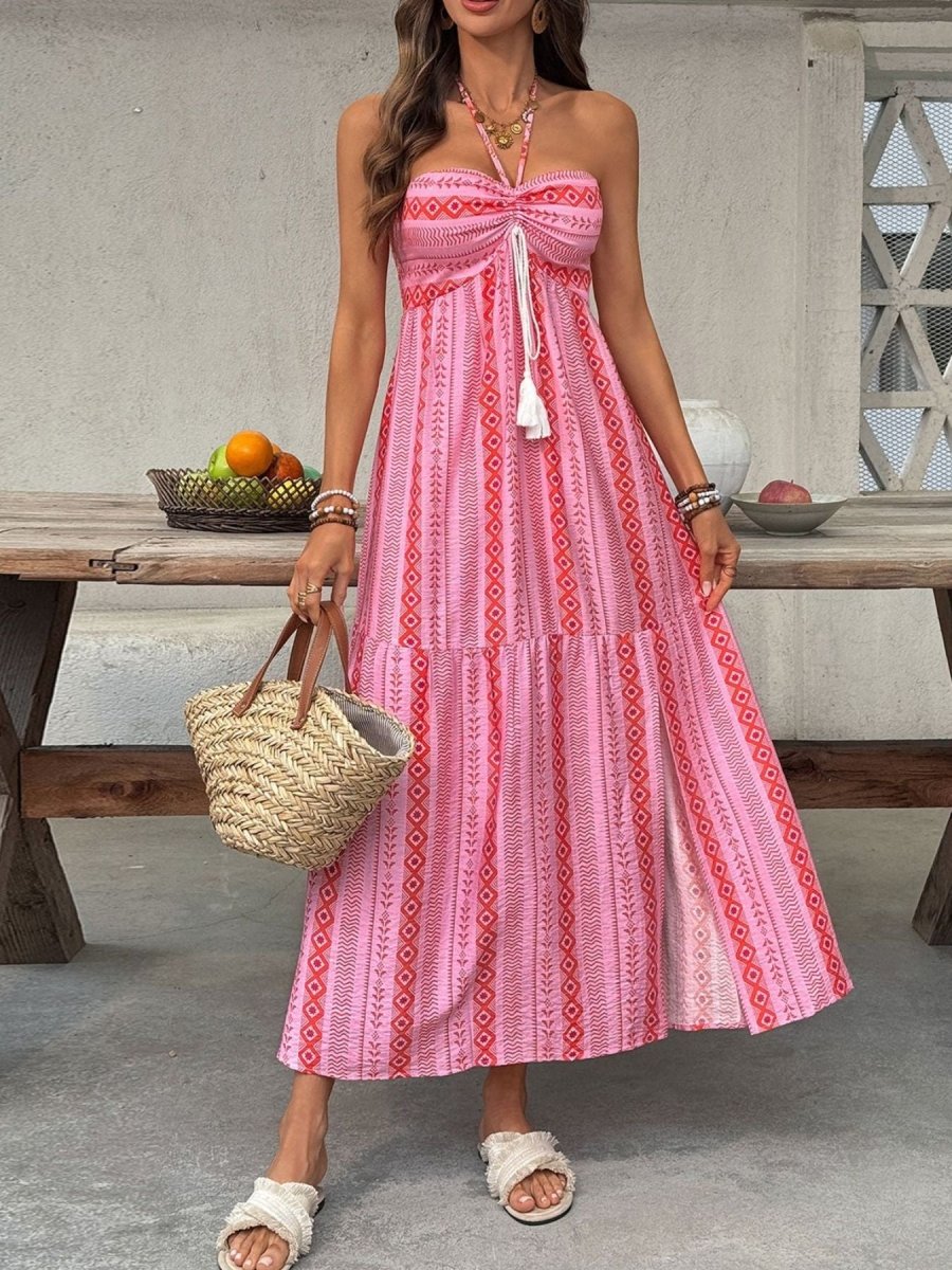 Printed Halter Neck Slit Midi Dress - Brick + Boho