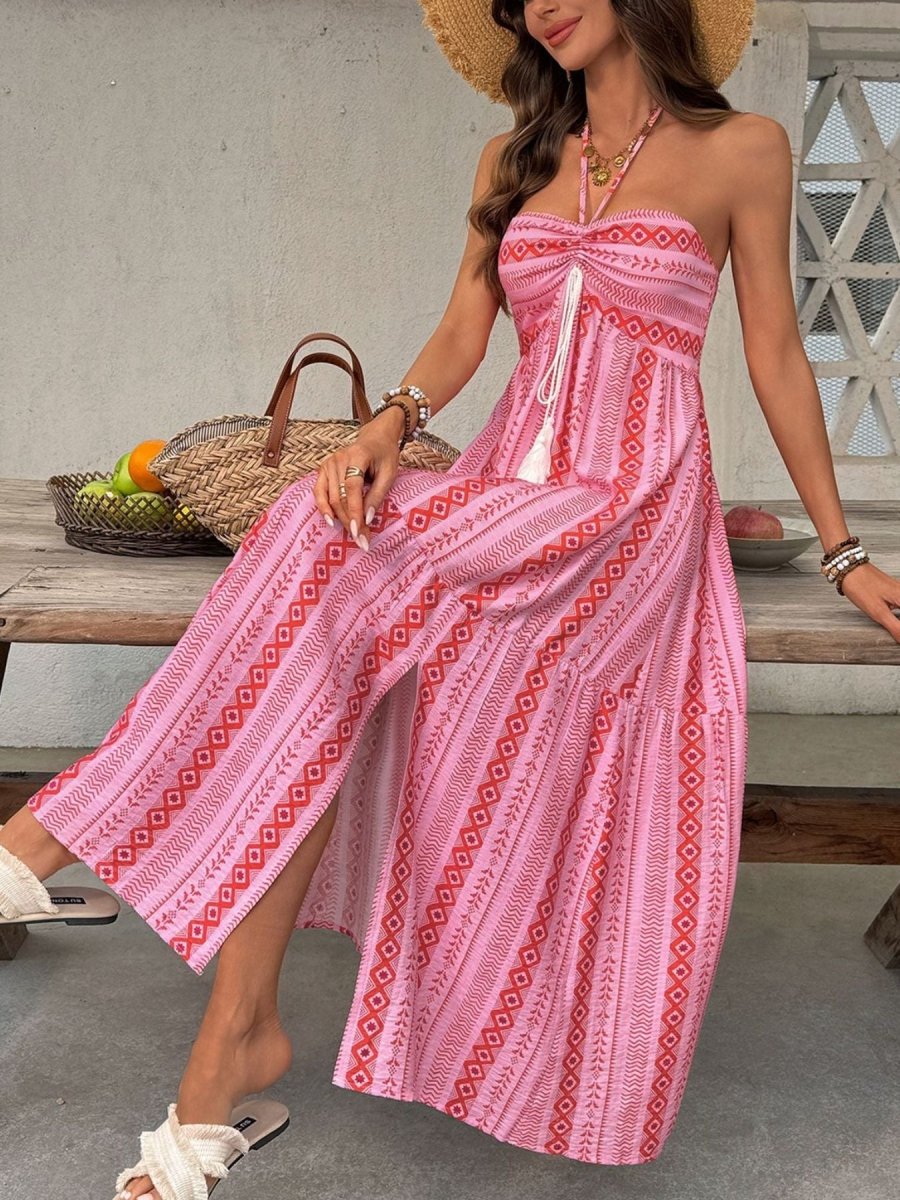 Printed Halter Neck Slit Midi Dress - Brick + Boho