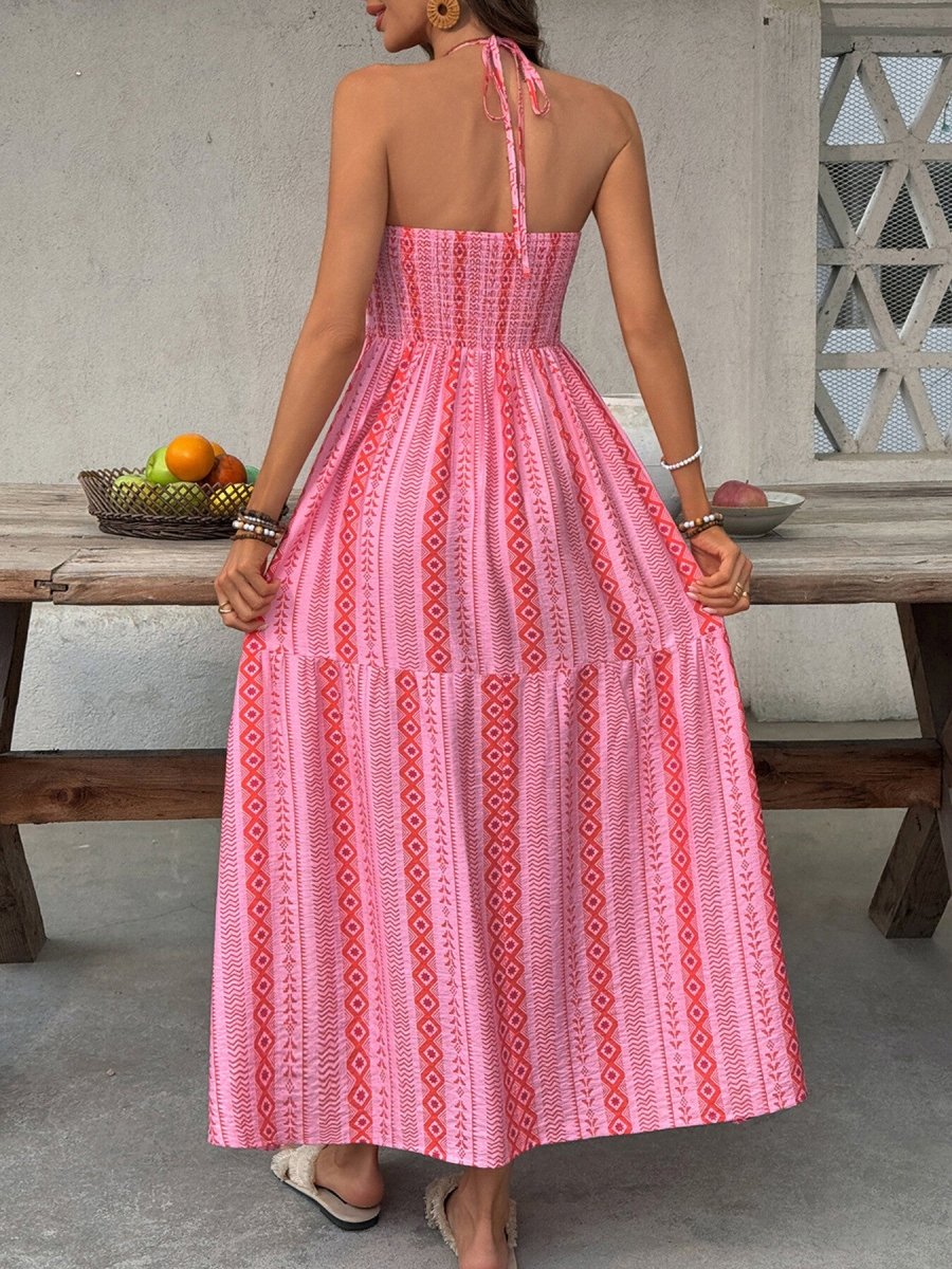 Printed Halter Neck Slit Midi Dress - Brick + Boho