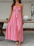 Printed Halter Neck Slit Midi Dress - Brick + Boho
