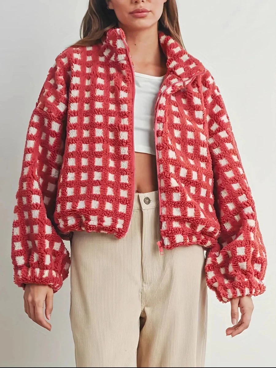 Retro Checkered Puff Bomber - Brick + Boho