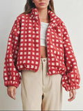 Retro Checkered Puff Bomber - Brick + Boho