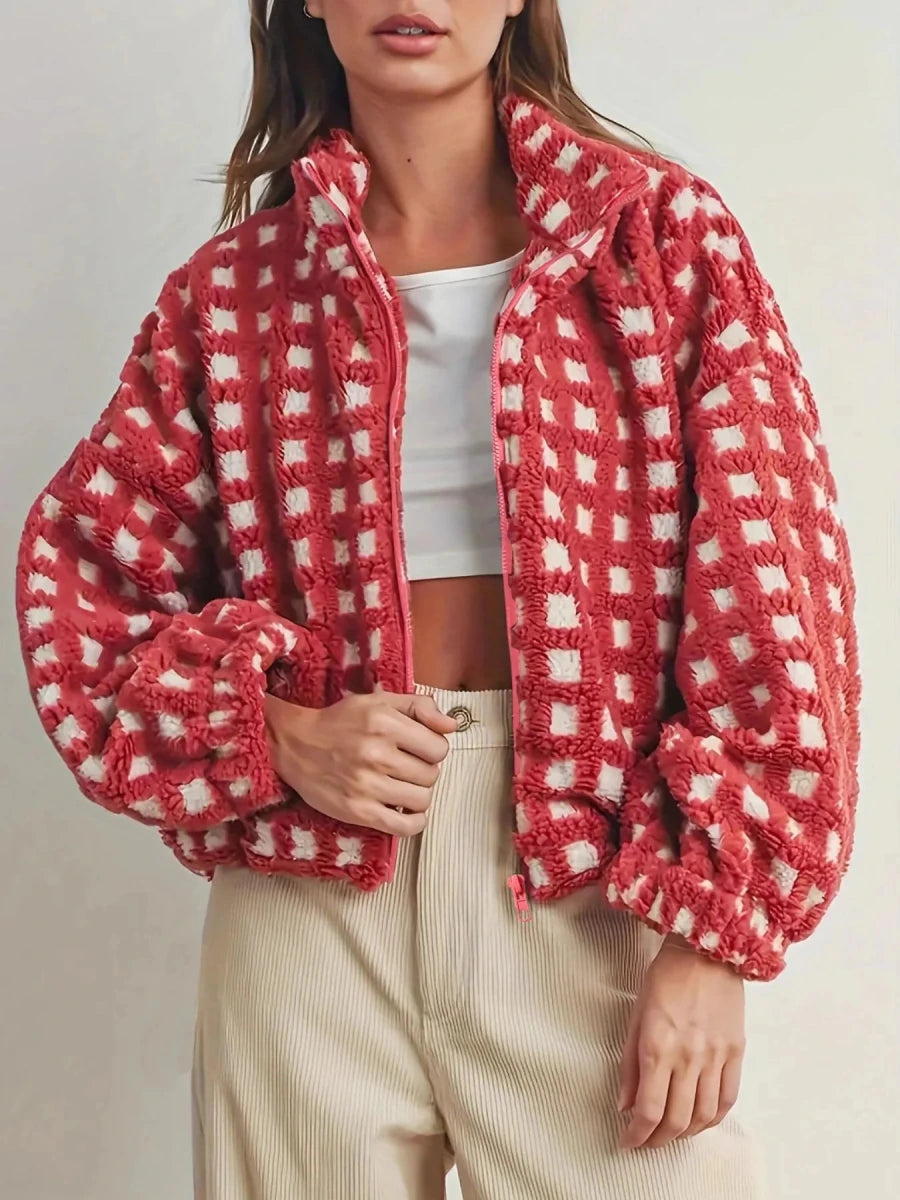 Retro Checkered Puff Bomber - Brick + Boho