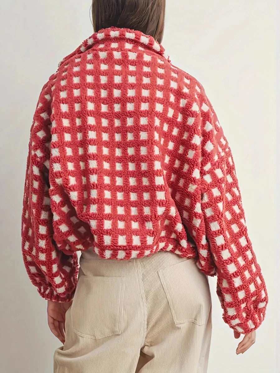 Retro Checkered Puff Bomber - Brick + Boho