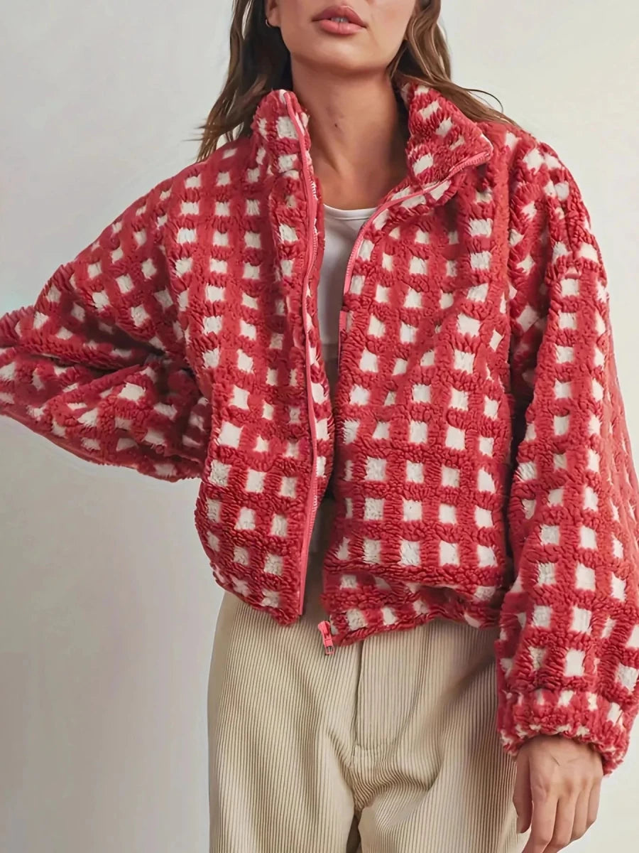 Retro Checkered Puff Bomber - Brick + Boho