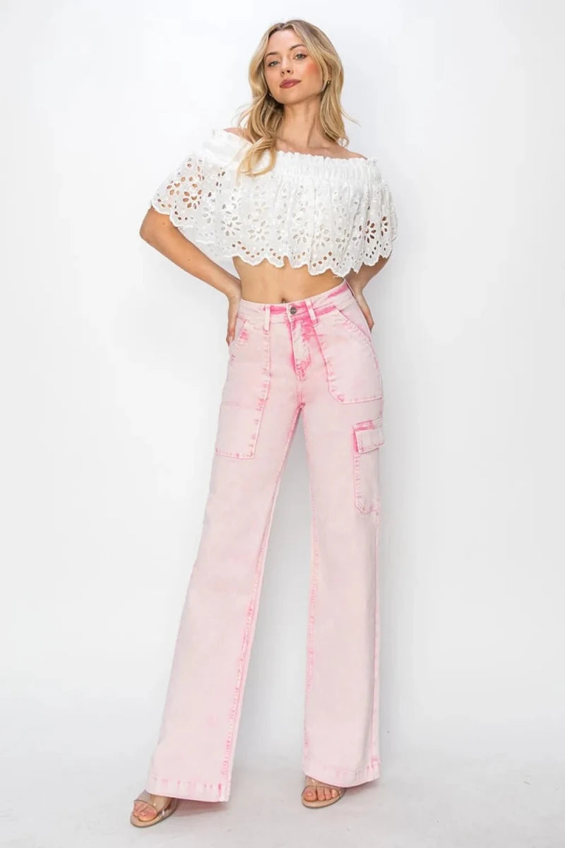 RISEN Full Size High Rise Cargo Pocket Jeans - Brick + Boho