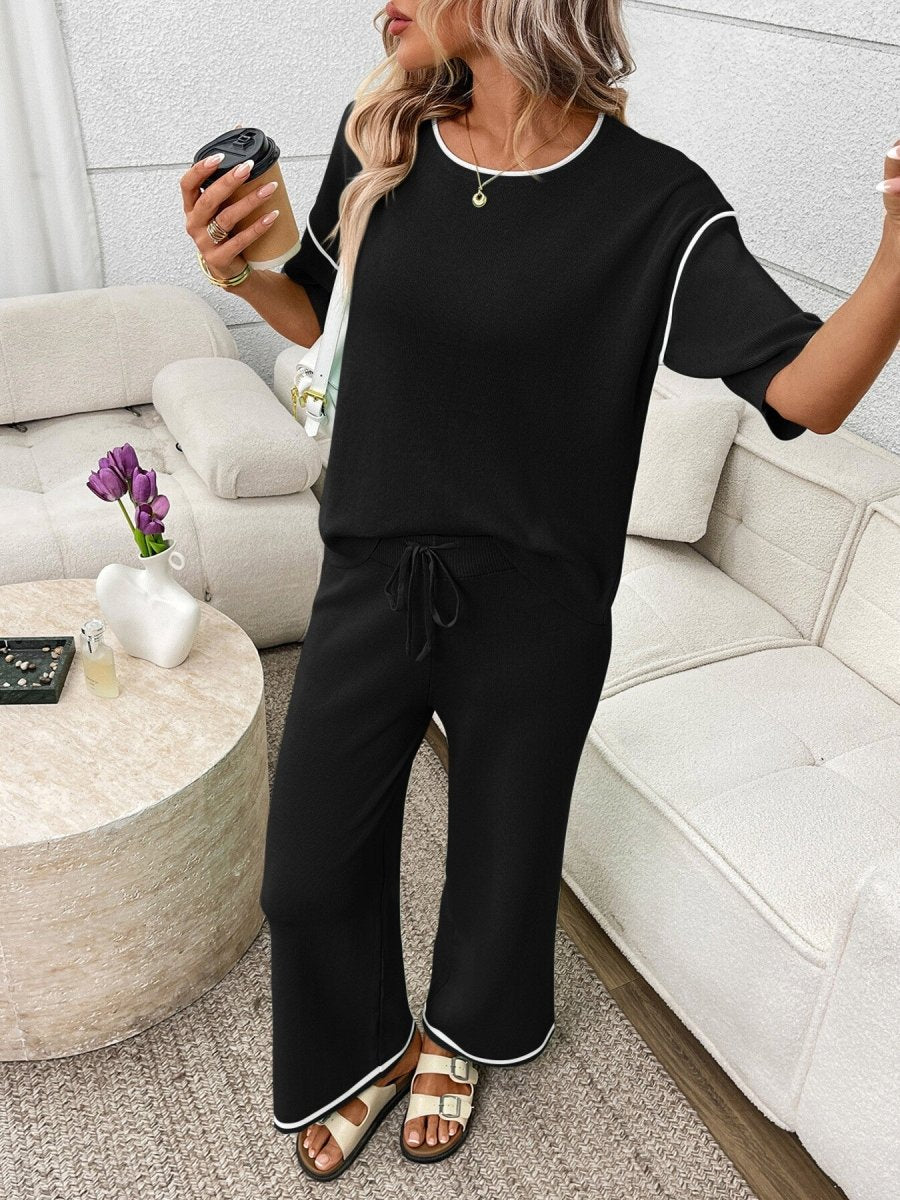 Round Neck Half Sleeve Top and Pants Set - Brick + Boho