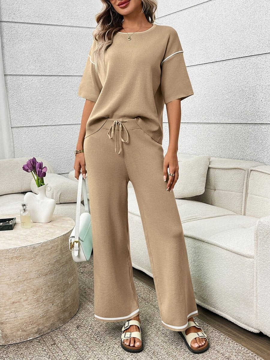 Round Neck Half Sleeve Top and Pants Set - Brick + Boho