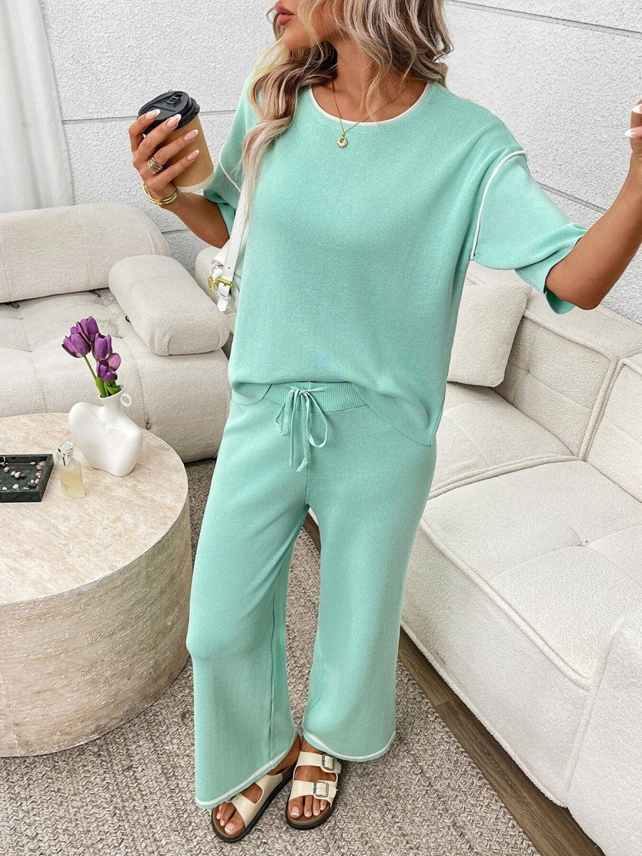 Round Neck Half Sleeve Top and Pants Set - Brick + Boho