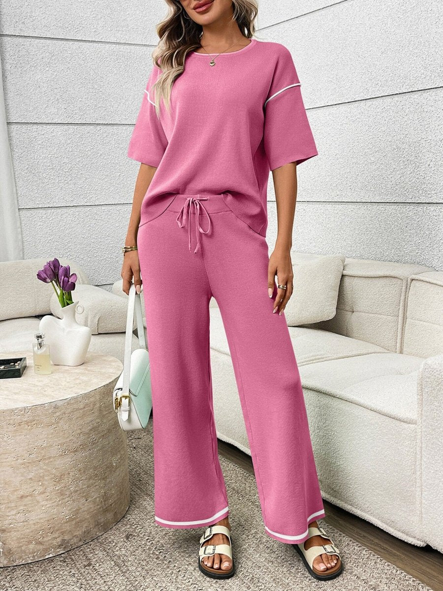 Round Neck Half Sleeve Top and Pants Set - Brick + Boho